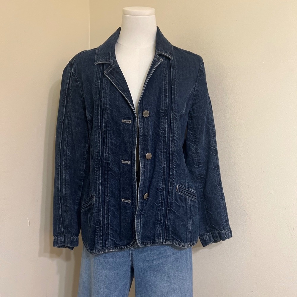 J. Jill Womens Denim Blazer Jacket Dark Wash Cotton Linen Pintuck Blue 12P